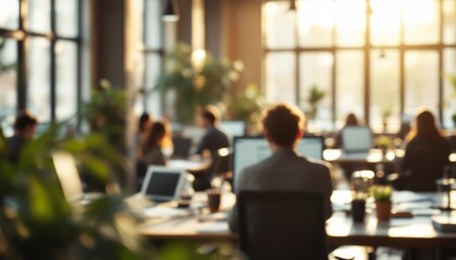 Blurred office scene with several people working at their desks in the late afternoon light