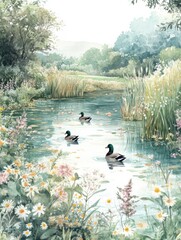 Poster - Mallard ducks swimming in a peaceful pond surrounded by vibrant flowers and lush greenery during a sunny afternoon. Generative AI