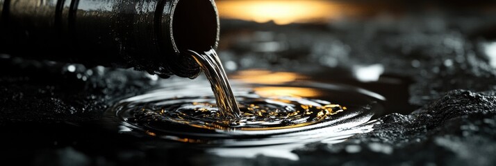 Poster - Liquid flowing from a container creates ripples in a dark, reflective surface during low light conditions. Generative AI