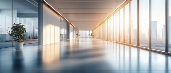 Wall Mural - Sunlit modern office hallway, city view