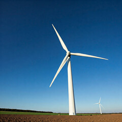 wind turbine against blue sky. Low angle of wind turbine against bright blue sky. Renewable or green energy concept. landscape of windmill with sunlight and almost clear sky.