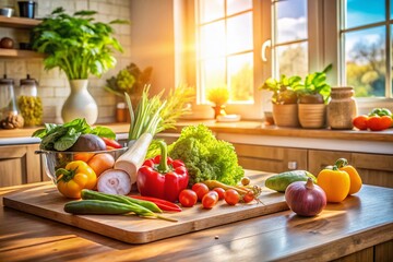 Canvas Print - Vibrant Sunny Kitchen: Fresh Vegetables & Wooden Chopping Board