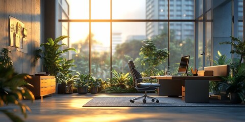 Wall Mural - Sunset office, city view, plants, desk. Modern workspace