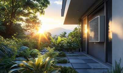 Poster - Sunset view, modern home, lush garden, AC unit