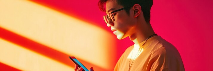 Aufkleber - Young person engaged with smartphone under bright colored light during evening hours. Generative AI