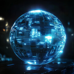 Wall Mural - blue lighting global ball, ai data chips, science and technology, future global business, disco ball