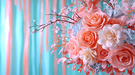 Poster - A vibrant bouquet of peach roses and white flowers set against a backdrop of teal and coral ribbons, evoking a cheerful and festive atmosphere.