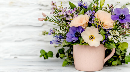 Poster - A delicate floral arrangement in a pink mug, featuring soft pastel tones and vibrant blooms, set against a rustic background.