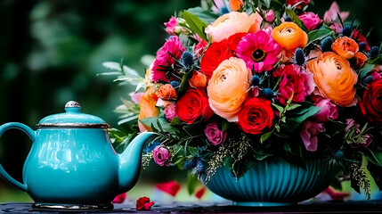 Poster - A vibrant floral arrangement in a turquoise vase next to a matching teapot, showcasing a beautiful display of colors and nature.