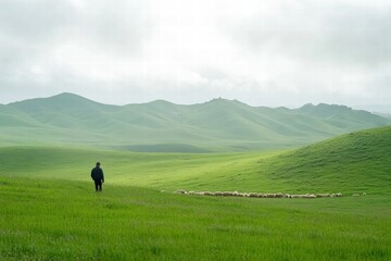 Aufkleber - Shepherd guides sheep through lush green hills under a cloudy sky during early morning hours. Generative AI