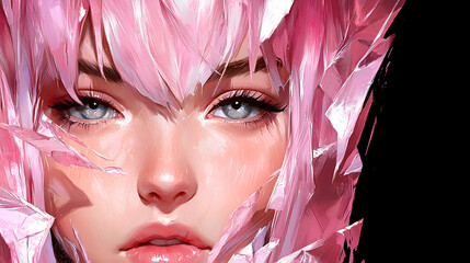 Sticker - A striking portrait of a girl with vibrant pink hair, surrounded by crystalline shards, exuding a mystical and ethereal vibe.