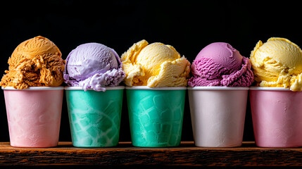 Wall Mural - A vibrant display of colorful ice cream scoops in cups, showcasing flavors like mango, lavender, lemon, and raspberry against a dark background.