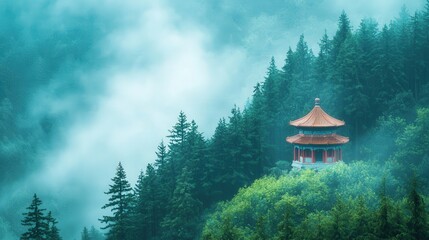 Serene Traditional Chinese Pagoda Rising Above Lush Green Forest Landscape