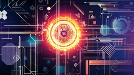 Poster - Video with a a digital abstract realm featuring a central circular shape surrounded by concentric rings of glowing light. The vibrant blend of pink, purple, and orange hues