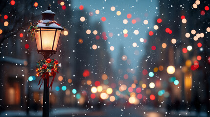 Wall Mural - festive street scene featuring vintage lamp post adorned with holiday decorations, surrounded by softly falling snow and colorful bokeh lights in background, creating warm, cheerful atmosphere