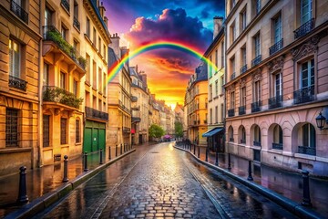 Wall Mural - Vintage Parisian Rainbow: Charming Cityscape with Vibrant Arc