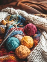 Poster - Colorful yarn and knitting tools arranged on a cozy blanket during a relaxing afternoon crafting session. Generative AI