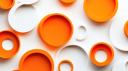 Wall Mural - abstract arrangement of circular plates in various sizes and colors of orange and white on a light b