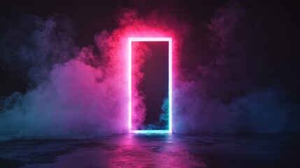 Wall Mural - neon glowing rectangle portal with colorful smoke effects in a dark environment copy space