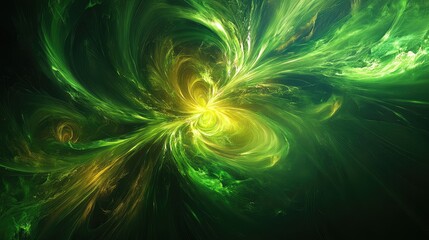 Wall Mural - abstract green fractal swirl background with bright yellow center and smooth flowing texture, ideal 