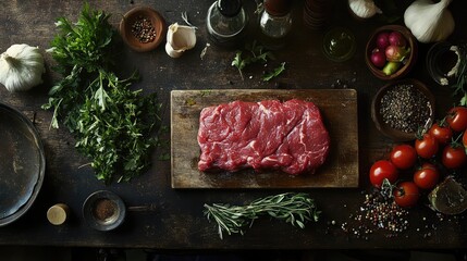 Raw beef steak on a wooden chopping board surrounded by fresh herbs vegetables and spices on a rustic table with copy space