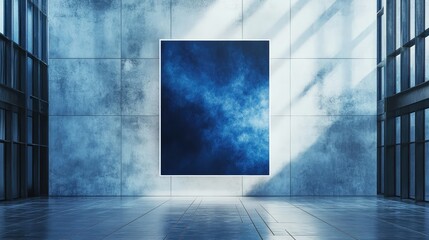 Wall Mural - modern art gallery interior showcasing a large abstract blue painting on a concrete wall with natura