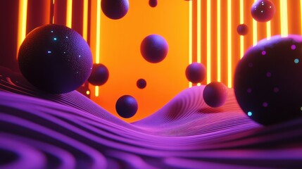 Wall Mural - abstract scene with floating spheres in a wavy landscape illuminated by neon light beams in purple a