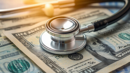 Close-up of a stethoscope placed on a medical bill, symbolizing healthcare cost concerns and financial stress in the medical industry. Healthcare affordability and medical expenses concept.