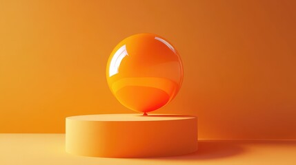 Wall Mural - abstract glossy orange sphere on circular pedestal against solid orange background with copy space.