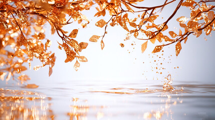 Wall Mural -   A zoomed-in image of a tree branch with water in the foreground and a vivid blue sky in the backdrop