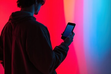 Aufkleber - Engaging with a smartphone against a vibrant illuminated background at night. Generative AI