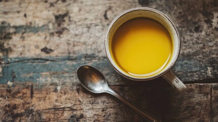 Cup of yellow drink on wooden table with spoon and copy space for text design