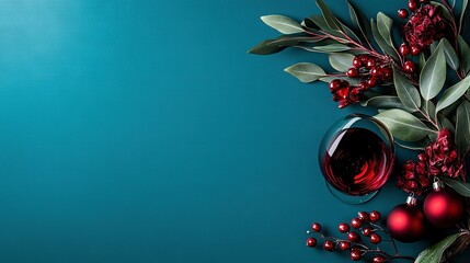 Wall Mural -   A glass of red wine on a blue background, surrounded by green leafy borders and a cluster of juicy, vibrant berries