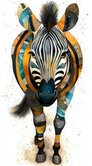 Wall Mural -   A zebra stands in front of a white background with a splash of paint on its face