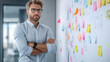 © VERTEX SPACE - focused man stands with arms crossed in front of wall covered in colorful sticky notes, reflecting on ideas and plans in modern office environment