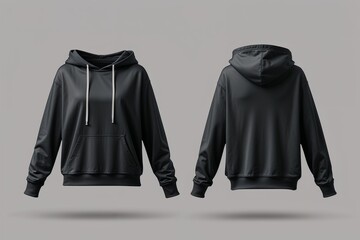 Set of Black front and back view tee hoodie hoody sweatshirt on transparent background cutout, 