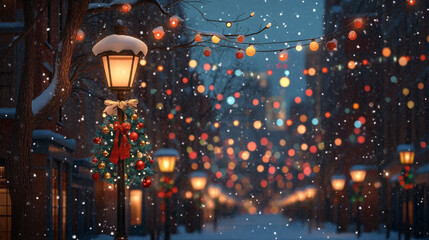 Wall Mural - Snowy street decorated with festive lights and Christmas wreath, creating warm holiday atmosphere. Snowflakes gently fall, enhancing winter charm