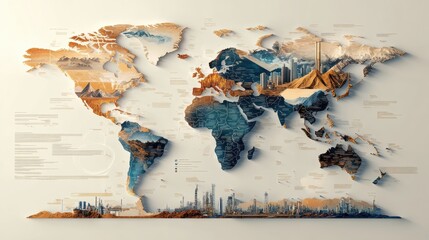 Poster - Detailed artistic world map highlighting geographical features and urban landscapes in vibrant colors and textures. Generative AI