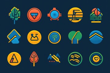Aufkleber - Colorful graphic icons representing outdoor activities and nature scenes in a modern design. Generative AI