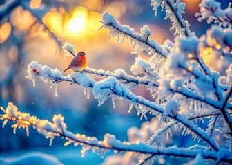 Wall Mural - Winter Wonderland: Icy Tree Branch with Bokeh Background