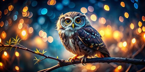 Wall Mural - Wise Owl with Glasses, Bokeh Background -  Nocturnal Bird Portrait Stock Photo