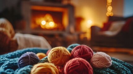 Poster - Cozy indoor evening with colorful yarn balls and a warm fireplace in a living room setting. Generative AI