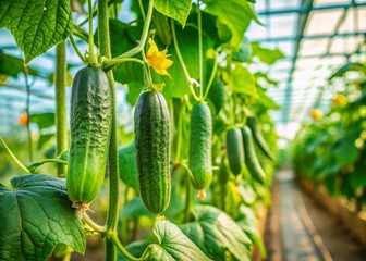 Canvas Print - Young Green Cucumbers Growing on Vine in Greenhouse - Fresh Produce Stock Photo