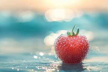 A single, glistening strawberry floats on tranquil, sunlit water, creating a serene and refreshing image.