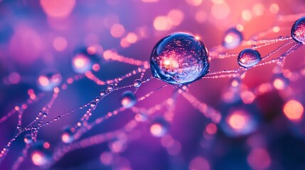 Dewdrops on spiderweb, sunrise, bokeh background, nature macro photography