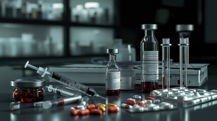 Aufkleber - Medical supplies and equipment arranged neatly on a laboratory table in a modern healthcare facility. Generative AI