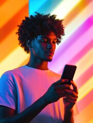 Fototapete - Young man engages with smartphone amidst colorful vibrant light patterns in urban setting at night. Generative AI