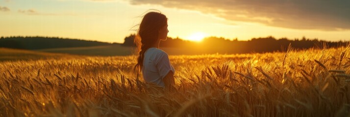 Aufkleber - Woman standing in a golden wheat field at sunset, enjoying natures beauty and tranquility. Generative AI