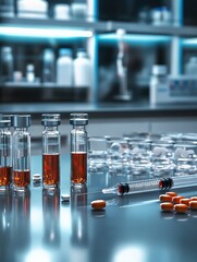 Poster - Laboratory setting with vials, syringes, and medications during a research project in a modern facility. Generative AI