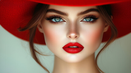 portrait of a beautiful young woman in a red hat, with modern makeup and red lipstick on lips